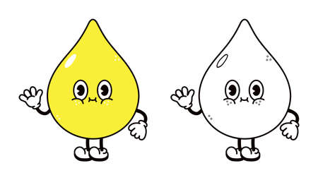 Cute funny drop of urine waving hand character outline cartoon illustration for coloring book. Vector hand drawn traditional cartoon vintage, retro, icon. Happy drop of urine character conceptのイラスト素材