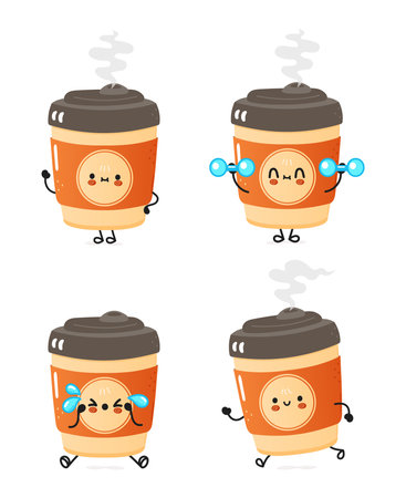 Funny cute happy cup of coffee characters bundle set. Vector hand drawn doodle style cartoon character illustration icon design. Cute happy cup of coffee mascot character collectionのイラスト素材