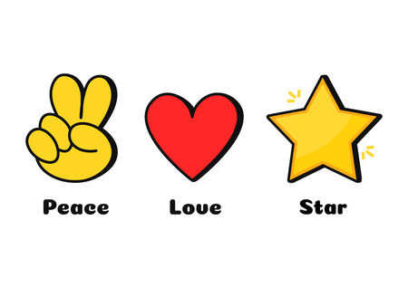 Peace, love, star concept print for t-shirt. Vector cartoon doodle line graphic illustration logo design. Peace sign, heart, star print for poster, t-shirt, logo conceptのイラスト素材