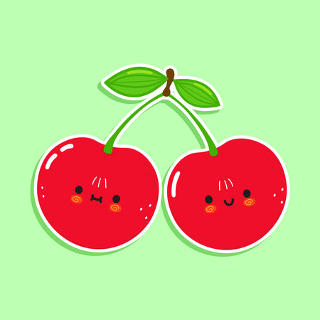 Cute funny cherry waving hand character. Vector hand drawn cartoon kawaii character illustration icon. Isolated on white background. Cherry character conceptのイラスト素材