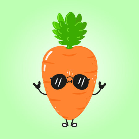 Cute funny carrot waving hand character. Vector hand drawn cartoon kawaii character illustration icon. isolated on white background. happy carrot character conceptのイラスト素材