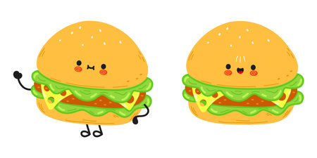 Cute funny hamburger character. Vector hand drawn cartoon kawaii character illustration icon. isolated on white background. Hamburger character conceptのイラスト素材