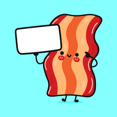 Cute funny bacon with poster. Vector hand drawn cartoon kawaii character illustration icon. Isolated on blue background. happy bacon think conceptのイラスト素材