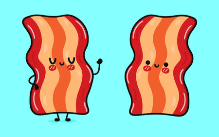 Cute funny bacon waving hand. Vector hand drawn cartoon kawaii character illustration icon. Isolated on blue background. happy bacon character conceptのイラスト素材