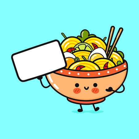 Cute funny ramen bowl with poster. Vector hand drawn cartoon kawaii character illustration icon. Isolated on blue background. happy ramen bowl think conceptのイラスト素材
