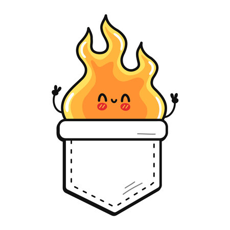 Cute funny fire pocket t-shirt print.Vector cartoon doodle line style character logo illustration design. Isolated white background. Funny vintage fire print pocket t shirtのイラスト素材