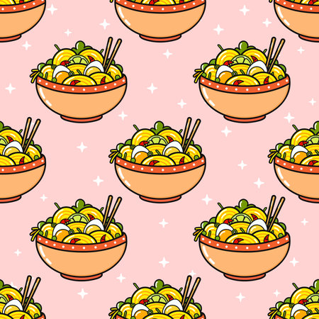 Cute funny ramen bowl pattern. Vector hand drawn cartoon kawaii character illustration icon. Isolated on pink background. Happy ramen bowl character conceptのイラスト素材
