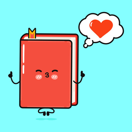 Cute funny book doing yoga with speech bubble. Vector hand drawn cartoon kawaii character illustration icon. Isolated on blue background. happy book character conceptのイラスト素材