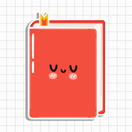 Cute funny book sticker. Vector hand drawn cartoon kawaii character illustration icon. Isolated on blue background. happy book character concept stickerのイラスト素材