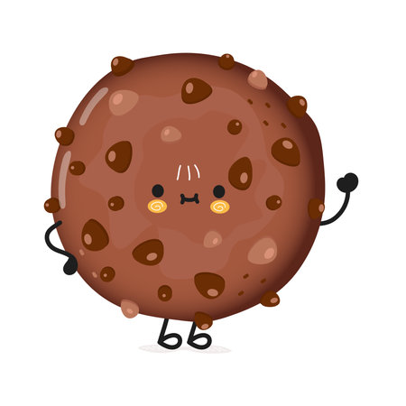 Cute funny chocolate cookies waving hand character. Vector hand drawn cartoon kawaii character illustration icon. Isolated on white background. Chocolate cookies character conceptのイラスト素材