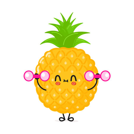 Cute funny pineapple character with dumbbells. Vector hand drawn cartoon kawaii character illustration icon. Isolated on white background. Pineapple character gym conceptのイラスト素材