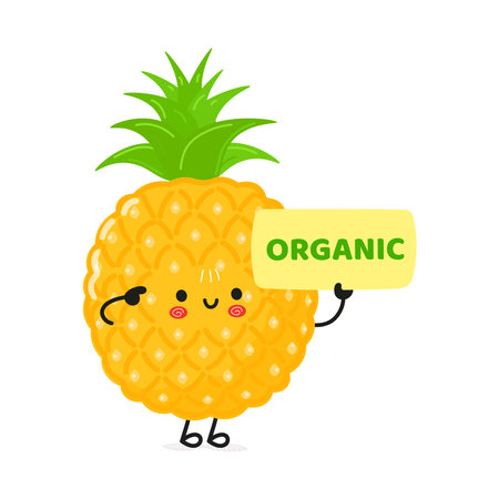 Cute funny pineapple poster character. Vector hand drawn cartoon kawaii character illustration. Isolated white background. Pineapple posterのイラスト素材