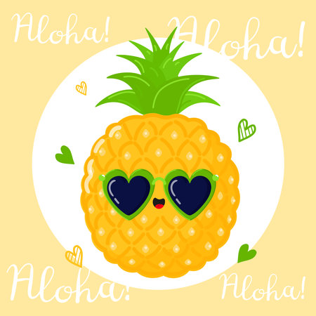 Cute funny pineapple character. Vector hand drawn cartoon kawaii character illustration icon. Isolated on white background. Pineapple character conceptのイラスト素材