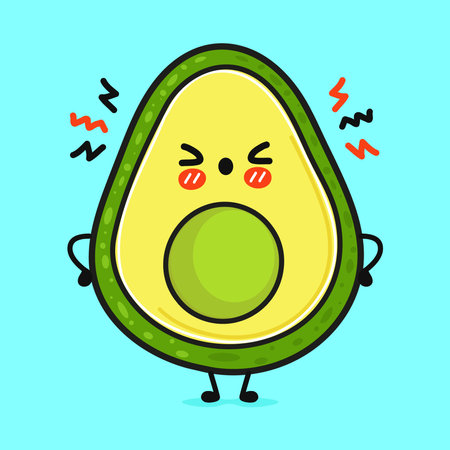 Cute angry avocado character. Vector hand drawn cartoon kawaii character illustration icon. Isolated on blue background. Sad avocado character conceptのイラスト素材