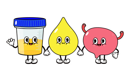 Cute, funny happy container for analysis drop of urine bladder. Vector hand drawn cartoon kawaii characters, illustration icon. Funny cartoon container for analysis drop of urine bladder friendsのイラスト素材