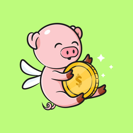 Cute pig, money box, pig holding a coin, saving money, business icon isolated on green backgroundのイラスト素材