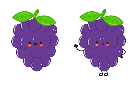 Cute funny grape waving hand character. Vector hand drawn cartoon kawaii character illustration icon. Isolated on white background. grape character conceptのイラスト素材
