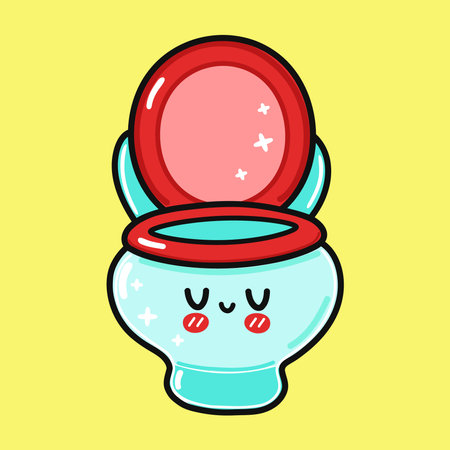 Cute funny toilet character. Vector hand drawn cartoon kawaii character illustration icon. Isolated on yellow background. Toilet character conceptのイラスト素材