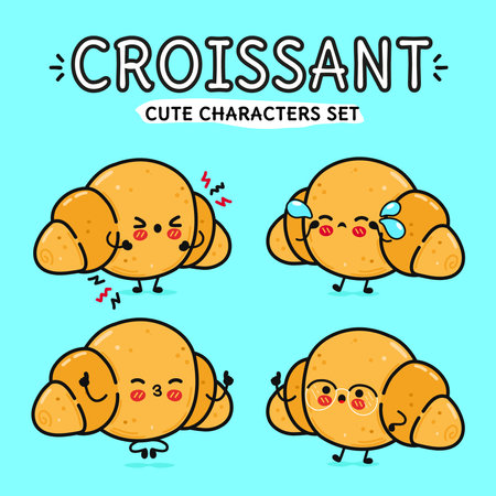 Funny cute happy Croissant characters bundle set. Vector hand drawn doodle style cartoon character illustration icon design. Isolated blue background. Cute Croissant mascot character collectionのイラスト素材