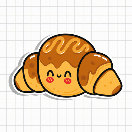 Funny sticker Croissant. Vector hand drawn cartoon kawaii character illustration icon. isolated on background. Happy Croissant Sticker character conceptのイラスト素材