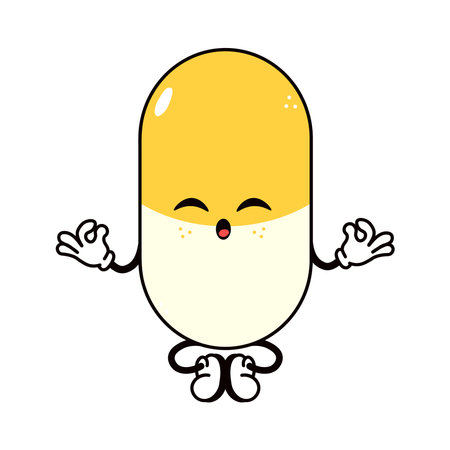 Cute funny pill doing yoga character. Vector hand drawn traditional cartoon vintage, retro kawaii character illustration icon. Isolated white background. Pill relax character conceptのイラスト素材
