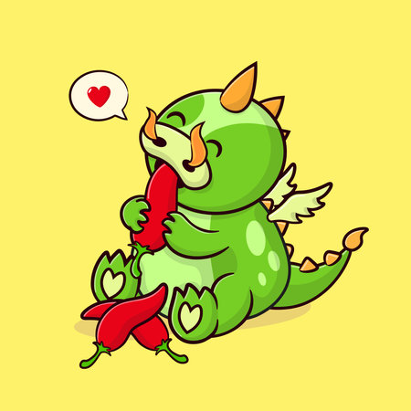 Happy dragon eating chili pepper, fantasy animal icon concept isolated on yellow background. Dragon character flat cartoon styleのイラスト素材