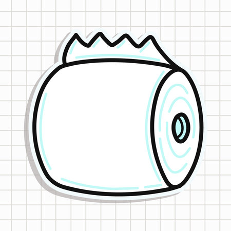 Cute funny toilet paper sticker. Vector hand drawn cartoon kawaii character illustration icon. Isolated on blue background. Happy Toilet paper character conceptのイラスト素材
