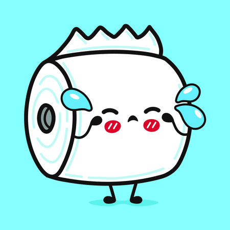 Cute sad toilet paper character. Vector hand drawn cartoon kawaii character illustration icon. Isolated on blue background. Crycute toilet paper character conceptのイラスト素材