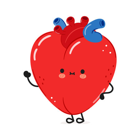 Cute funny heart organ waving hand character. Vector hand drawn cartoon kawaii character illustration icon. Isolated on white background. Happy heart organ character conceptのイラスト素材