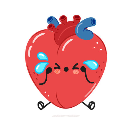 Cute sad heart organ character. Vector hand drawn cartoon kawaii character illustration icon. Isolated on white background. Sad cute heart organ character conceptのイラスト素材