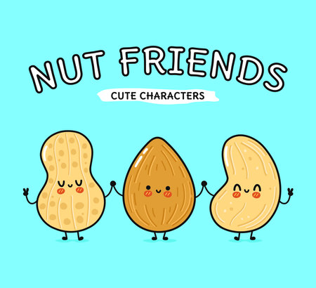 Cute, funny happy almonds, peanuts and cashews. Vector hand drawn cartoon kawaii characters, illustration icon. Funny cartoon almond, peanut and cashew nut mascot friends conceptのイラスト素材