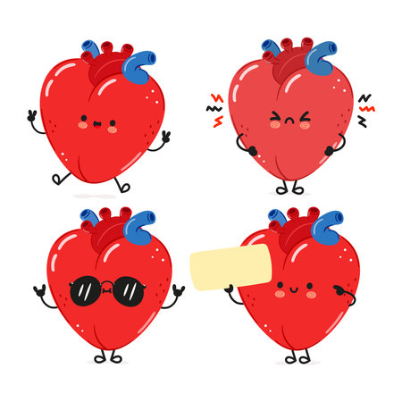Cute happy heart organ characters bundle set. Vector hand drawn doodle style cartoon character illustration icon design. Cute heart organ mascot character collectionのイラスト素材