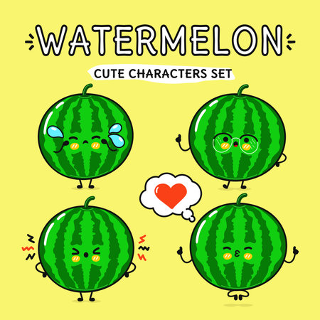 Funny cute happy Watermelon characters bundle set. Vector hand drawn doodle style cartoon character illustration icon design. Isolated yellow background. Cute Watermelon mascot character collectionのイラスト素材