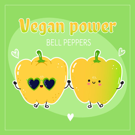 Yellow bell pepper and green bell pepper card. Vector hand drawn doodle style cartoon character illustration icon design. Happy Yellow bell pepper and green bell pepper friends concept cardのイラスト素材