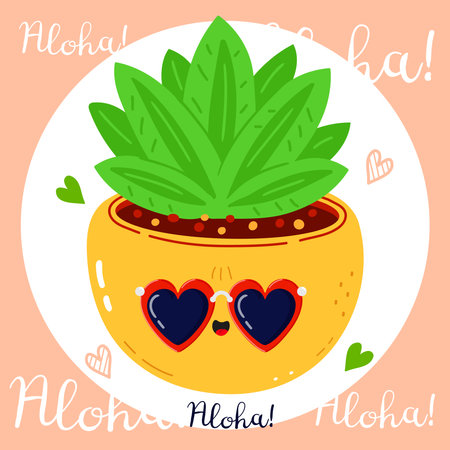 Cute funny Indoor plant character. Vector hand drawn cartoon kawaii character illustration icon. Isolated on pink background. Indoor plant n character concept. Aloha cardのイラスト素材