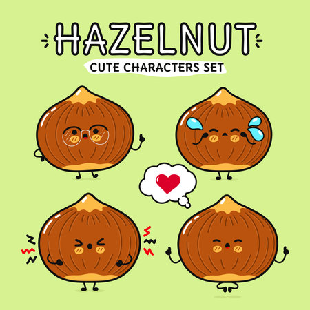 Funny cute happy hazelnut characters bundle set. Vector hand drawn doodle style cartoon character illustration icon design. Isolated on green background. hazelnut mascot character collectionのイラスト素材