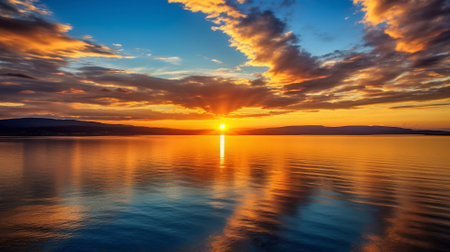 Sunset over the lake. Beautiful natural landscape. Nature composition.
