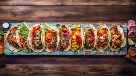 Mexican tacos with chicken and vegetables on wooden background. Top viewの写真素材