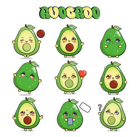 Funny cute happy avocado characters bundle set. Vector hand drawn doodle style cartoon character illustration icon design. Isolated white background. Cute avocado mascot character collectionのイラスト素材