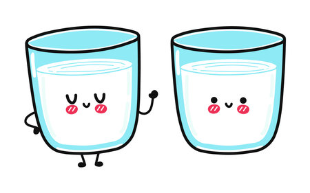 Cute funny Glass of milk character. Vector hand drawn cartoon kawaii character illustration icon. Isolated on white background. Happy Glass of milk character conceptのイラスト素材