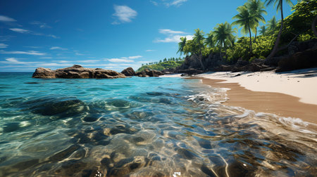White sandy beach surrounded by palm trees, crystal blue ocean water, and bright sunny sky. Created with Generative AIの素材