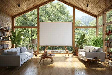 Whiteboard for markers on wooden floor. Presentation, Empty projection screen. office board background frame. Created with Generative AIの素材