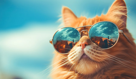 Funny red cat sitting on a blue background with round glasses. Created with Generative AIの素材
