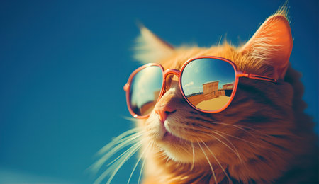 Funny red cat sitting on a blue background with round glasses. Created with Generative AIの素材