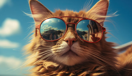 Funny red cat sitting on a blue background with round glasses. Created with Generative AIの素材