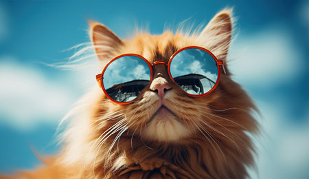 Funny red cat sitting on a blue background with round glasses. Created with Generative AIの素材
