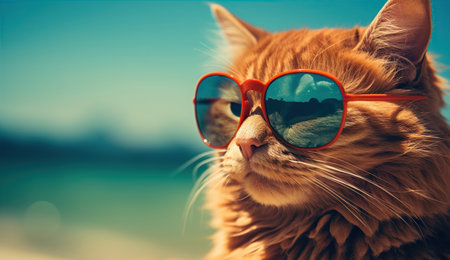 Funny red cat sitting on a blue background with round glasses. Created with Generative AIの素材