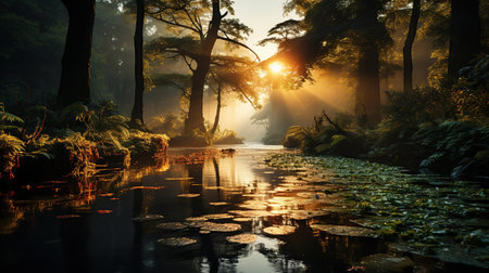 Enchanting panoramic forest scenery with soft light falling through the foliage and a stream with tranquil water. Created with Generative AIの素材