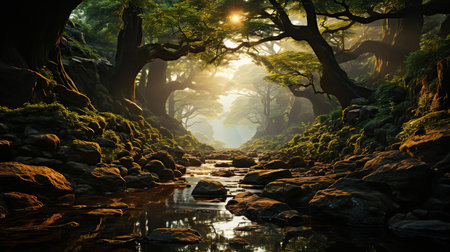 Enchanting panoramic forest scenery with soft light falling through the foliage and a stream with tranquil water. Created with Generative AIの素材