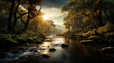 Magic forest in fog and stream. Created with Generative AIの素材